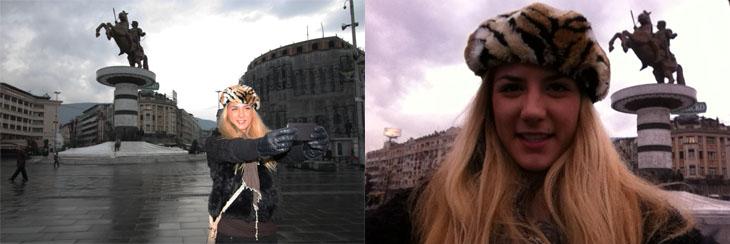 Iris devant la statue d’Alexandre le Gran