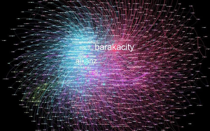 Cartographie des tweets, réalisée par le bloggeur Nicolas Vanderbiest : en rose, les conversations Twitter lancées par Baraka City, en bleu celles lancées par Al-Kanz. Cliquez ici pour plus d'infos