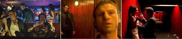 Jo Prestia, avec José Garcia (Le Mac, g.), Antonio Banderas (Femme Fatale, c.), et Monica Bellucci (Irréversible, d.