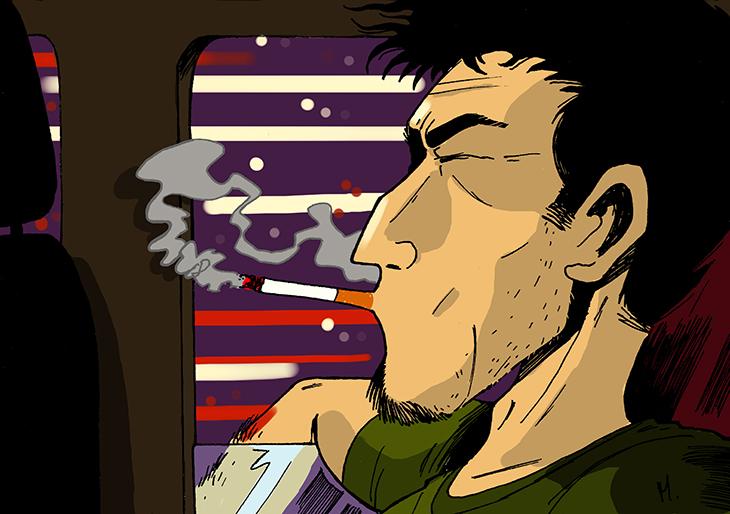 Je termine la flotte, range la bouteille dans mon sac à dos, sors une tige de mon paquet d’Alain Delon et l’allume