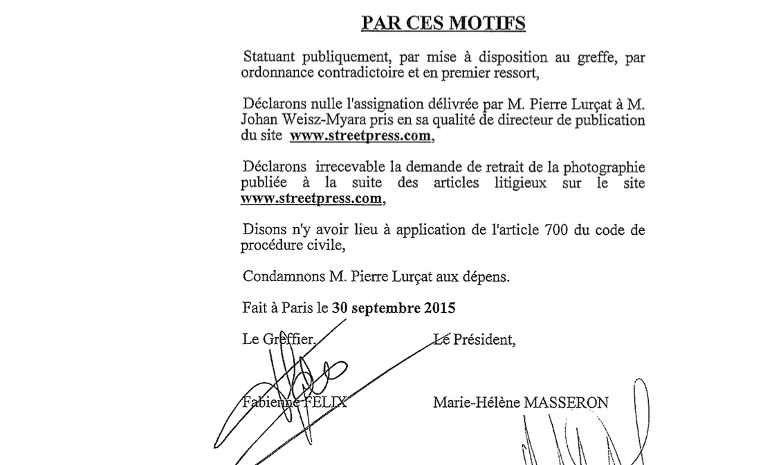 Extrait du jugement du TGI de Paris dans l'affaire Lurcat contre StreetPres