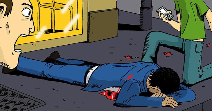 Une balle lui traverse le poumon gauche, l’autre l’atteint à la hanche et lui effleure la verge en sortant