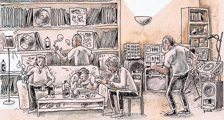 Dans le huis clos d’un studio à Évry, les quatre jeunes conspirent dans la brume de shit