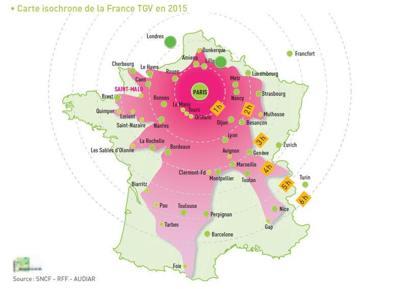 Cette carte, réalisée à l'échelle du temps que met un TGV pour relier Paris à une autre ville, illustre la centralisation du territoire français autour de la capitale (2015).
