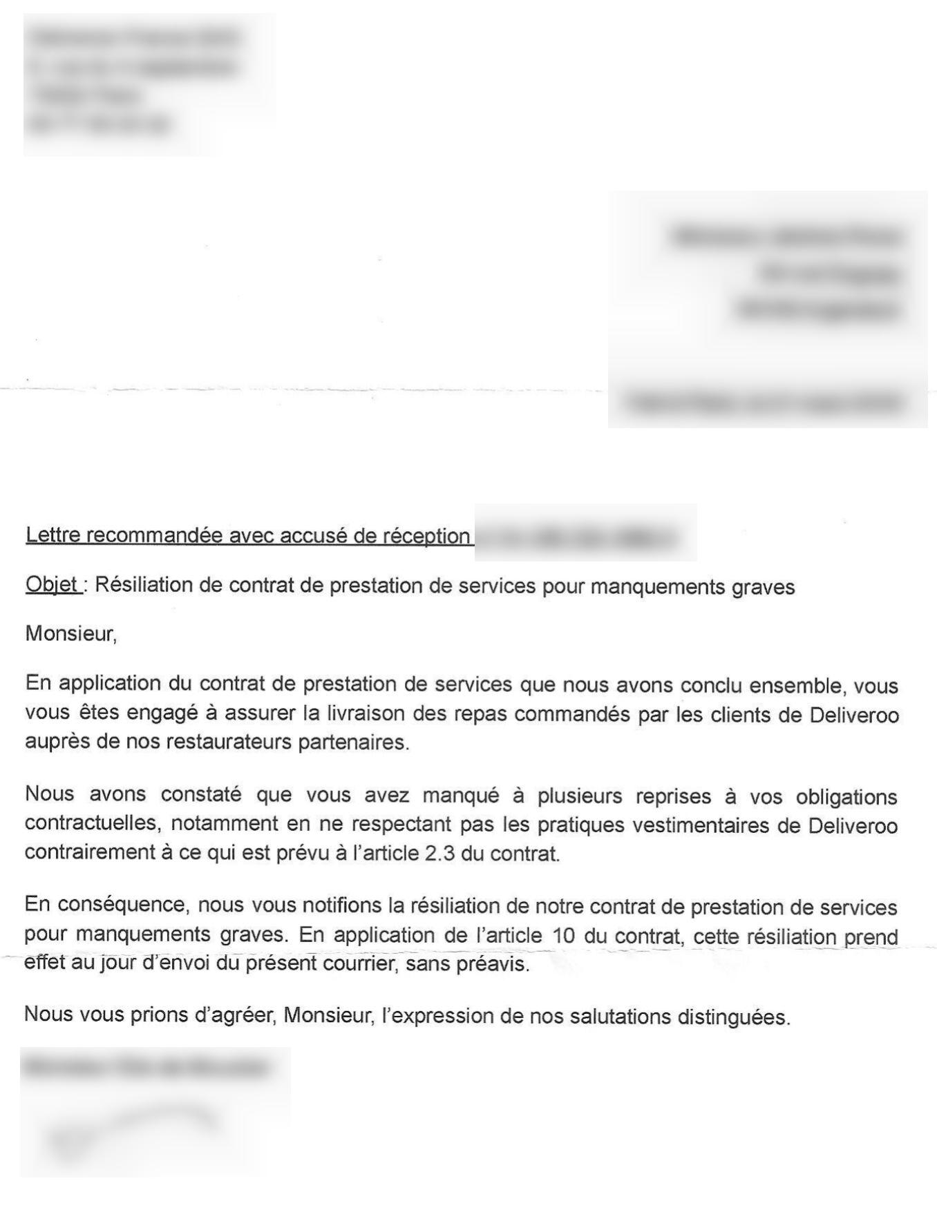 LA lettre recommandée reçue par Jérôme Pimot qui résilie « son contrat de prestation de service pour manquement grave 