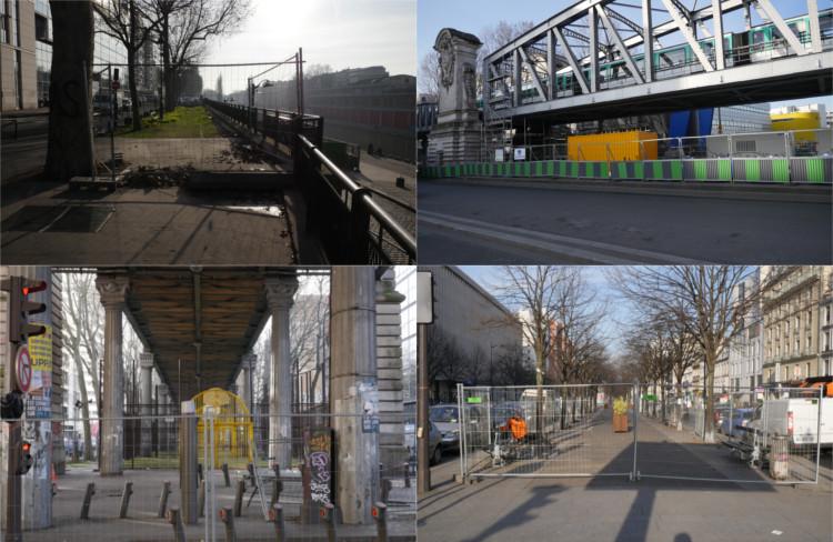 De gauche à droite et de haut en bas, en février 2012 : à l’extrémité nord-est du canal saint-martin ; boulevard de la Chapelle, sur le pont qui enjambe les rails de la gare de l’Est ; boulevard de la Vilette, à hauteur du 180 ; combo à l’extrémité sud de l’avenue de Flandres