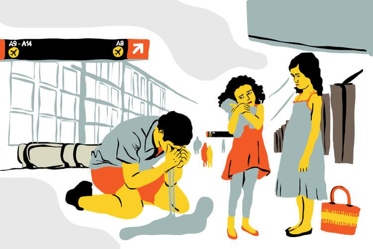 Abdelhakim Labriak est agenouillé dans la salle des douanes, les yeux embués de larmes, lorsqu'il retrouve ses filles ce 7 octobre 2016