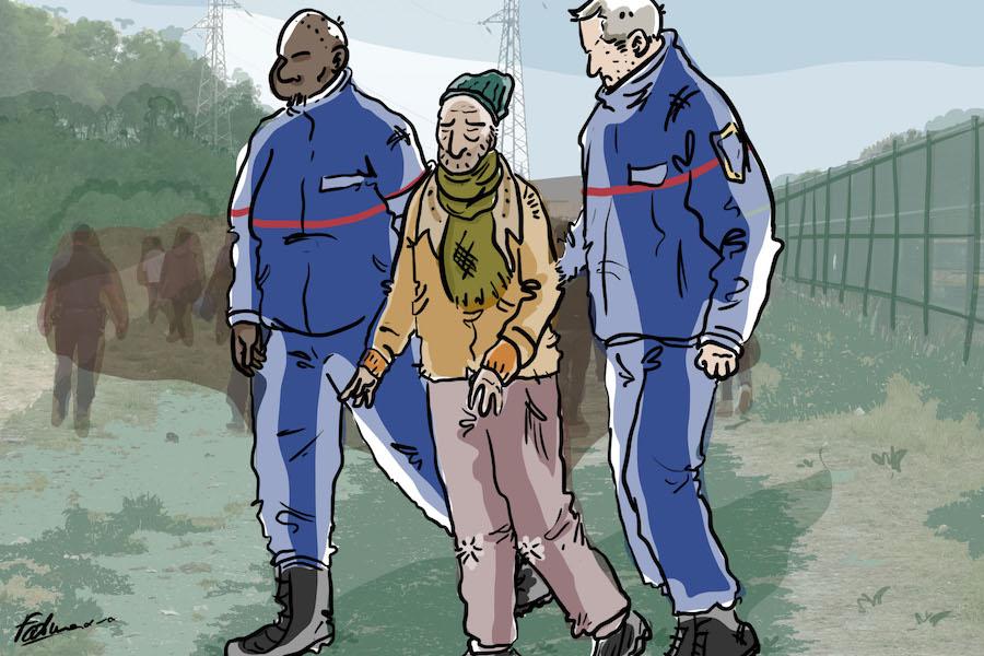 Les hommes en bleu chassent les migrant
