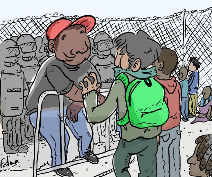 Dans la file, Adama, le mec de la sécu, discute à la cool avec des Afghans.