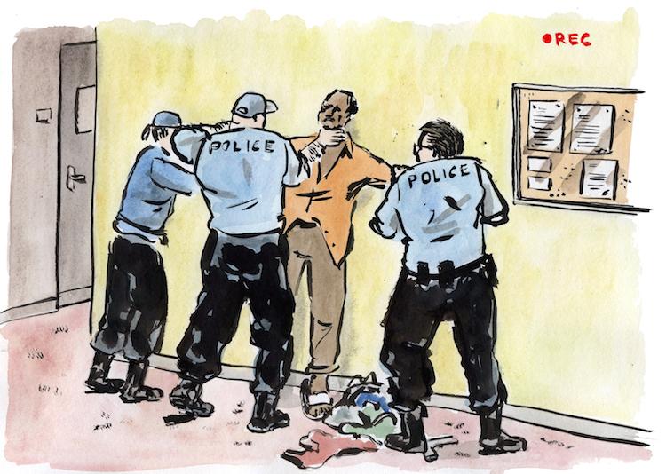 « Un policier m’a étranglé au niveau de la porte d’entrée, près de la machine à café 