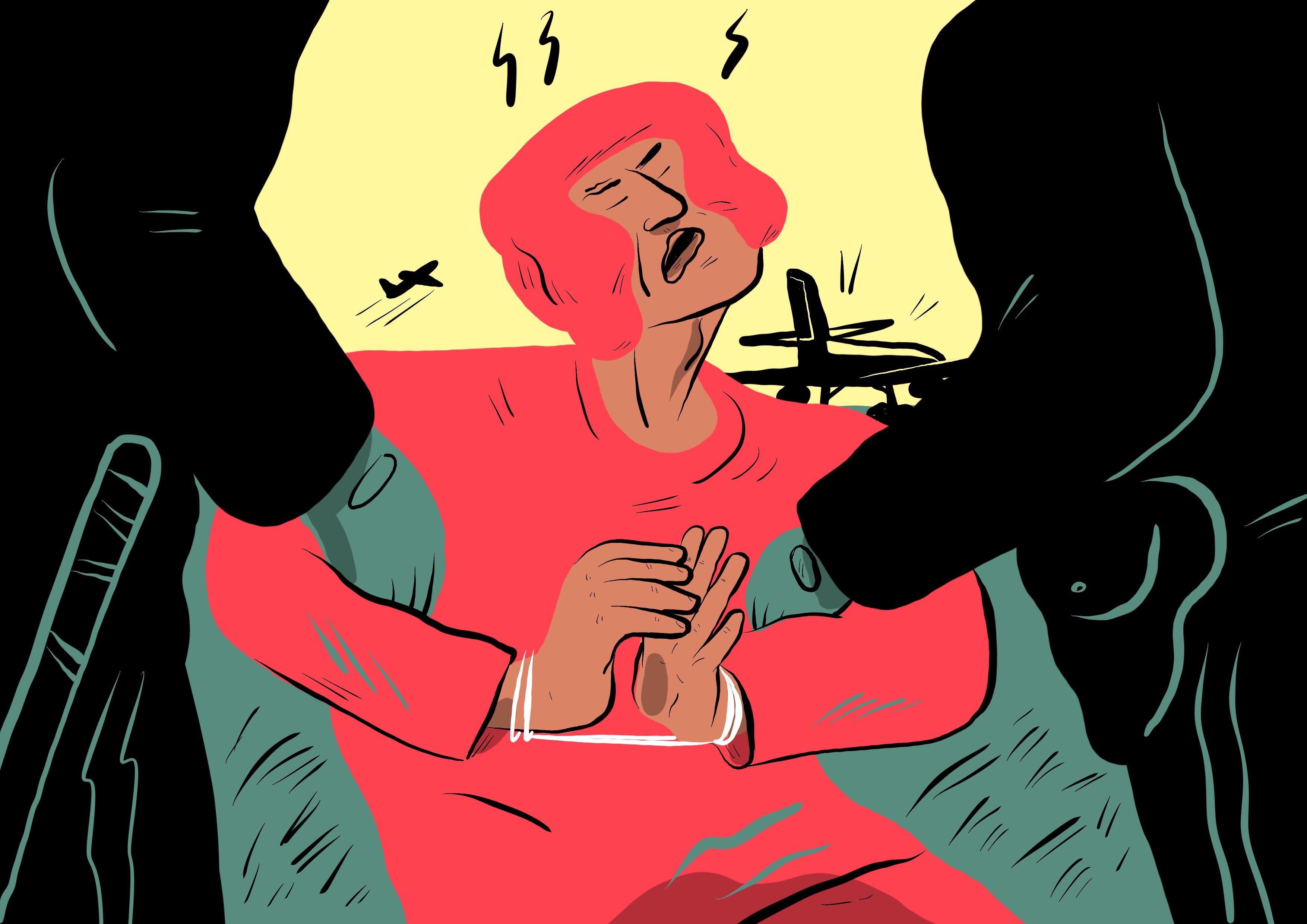 On lui a mis un casque de boxe sur la tête pour éviter de s’éclater le crâne contre un mur.