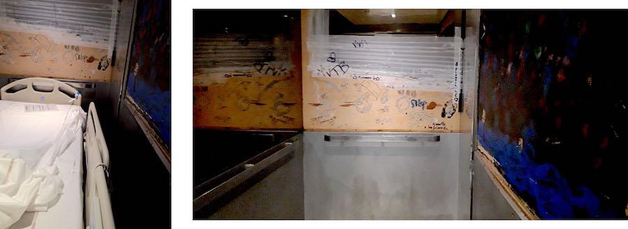 « Sur la droite, il y a de la peinture sur du contreplaqué, et au fond, du scotch pour retenir ce qu'il reste du miroir. » (fevrier et juin 2019, selon nos sources