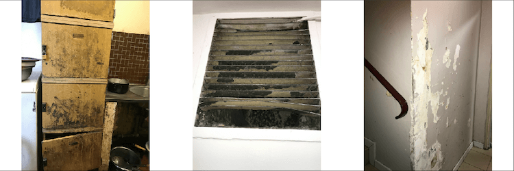 Dans le foyer, les détériorations sont importantes et nombreuses. Ici, un meuble de rangement, un système d'aération et un mur d'une cage d'escalier.