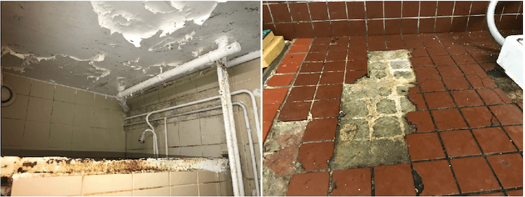 Dans le foyer, les détériorations sont importantes et nombreuses. Là, le plafond d'une salle de bain et le plan de travail d'une cuisine.