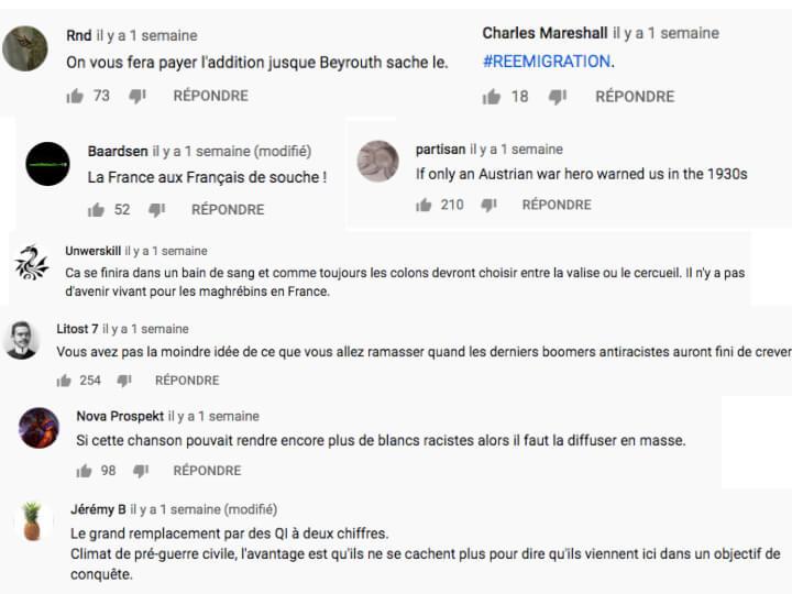 Sur YouTube, c'est la foire aux insultes et demande de rémigration, et se cache une référence à un certain Adolf H.