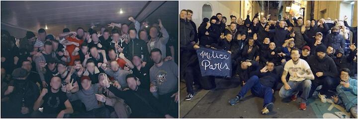 Les membres de la Milice Paris s’affichent avec des bras tendus et des « saluts de Kühnen » – une variante à trois doigts du salut nazi