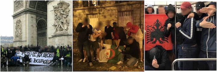 À gauche, les Zouaves et le contingent de hools provinciaux lors de l’acte III des Gilets jaunes. Au centre et à droite, des poses après des actions contre des fans algériens ou albanais. 