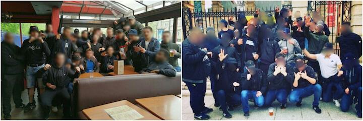 Les MesOs Reims et les Zouaves Paris font souvent des groupes communs en multipliant les saluts nazis. À gauche, la photo date d’avril 2018 contre juin 2018 à droite.