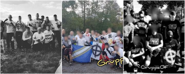 Les indeps n’hésitent pas à arborer leurs symboles. À gauche, les MesOs de Reims en 2017, puis en novembre 2019 au centre. Une croix gammée est peinte en jaune sur un t-shirt. À droite, les indeps Roazhon 1901