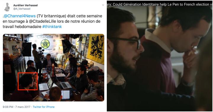 Sur Twitter, Aurélien Verhassel avait vanté le tournage de Channel 4 lors d'une « réunion de travail hebdomadaire » de Génération identitaire. Rémi Meurin y était présent.