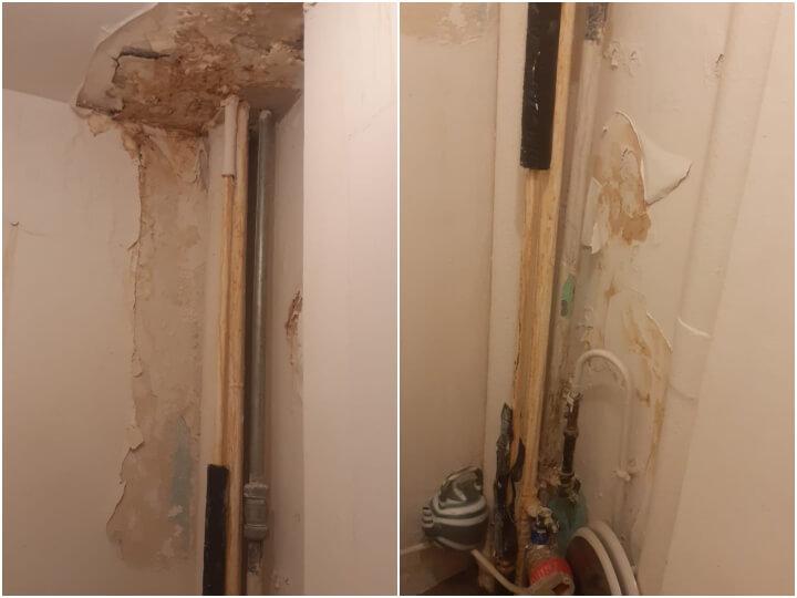 Le haut et le bas du mur chez Aïssata. Depuis juillet dernier, son appartement est endommagé par un dégât des eaux désastreux. Avec le confinement, la situation a empiré.