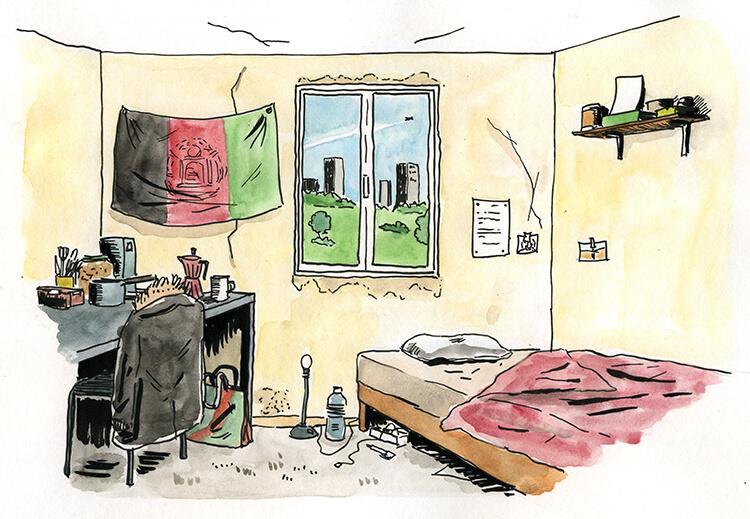 La chambre de Zar Muhammad fermée à clé, c’est la sienne que Naseer nous fait visiter pour nous laisser imaginer celle de son ami. D’imposants drapeaux afghans y recouvrent les murs