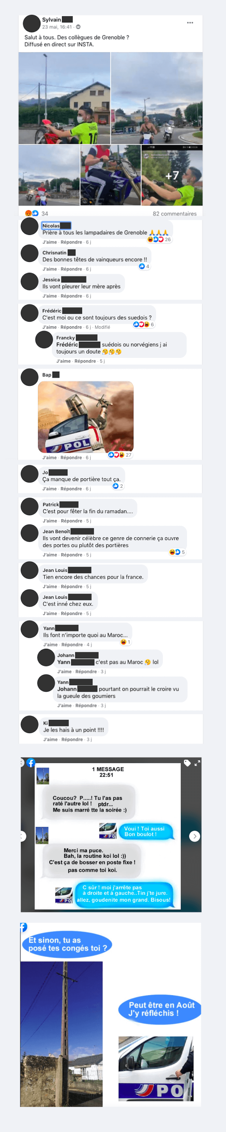 Le groupe comporte de nombreuses moqueries sur les portières de voitures de police, en référence à un homme qui s'est fait écraser la jambe à Villeneuve-la-Garenne.