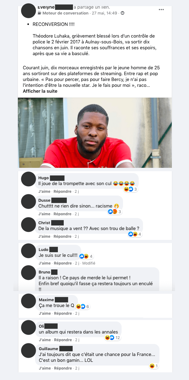 En 2017, Théo Luhaka avait été blessé par une matraque dans l'anus. Il en a des séquelles à vie selon une expertise médicale. Mais c'est surtout source de jeux de mots pour les policiers.