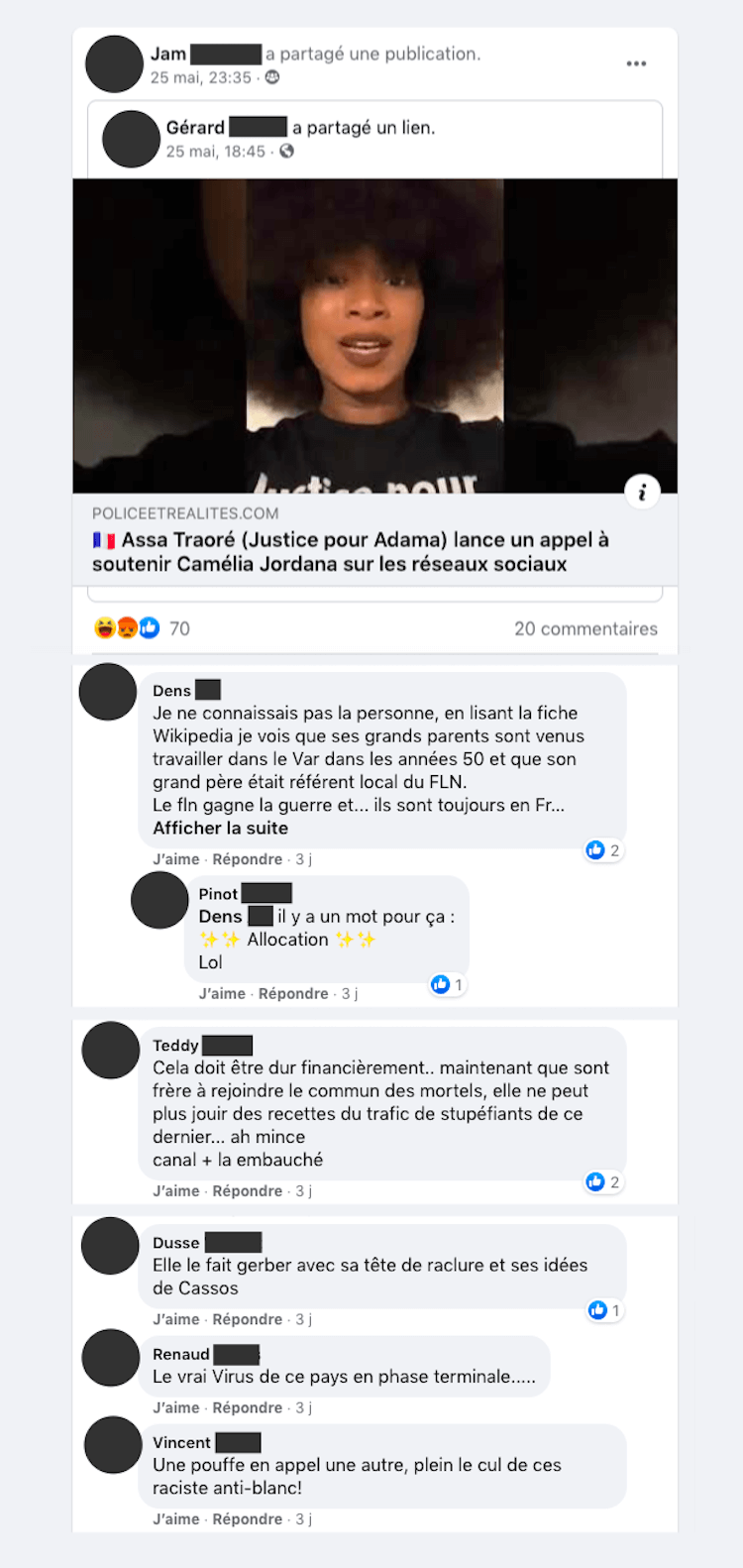 Assa Traoré est une cible privilégiée de ce groupe, entre insulte sur son physique ou sur son frère, mort suite à l'interpellation de gendarmes en 2016.