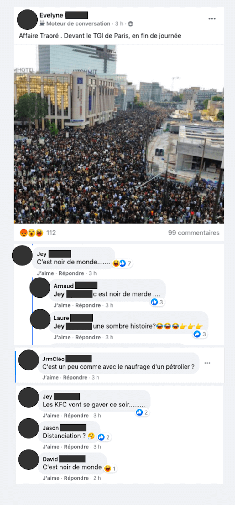 De nombreux commentaires xénophobes s’enchaînent pour parler du rassemblement contre les violences policières.  