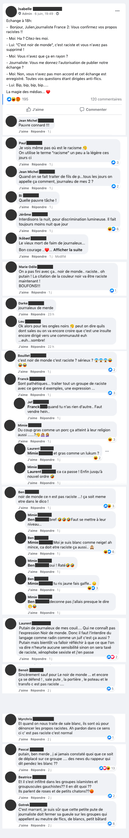 Les captures publiées par StreetPress – telles que « c’est noir de monde », « non c’est noir de merde » – ne relèvent pas du racisme pour les membres du groupe