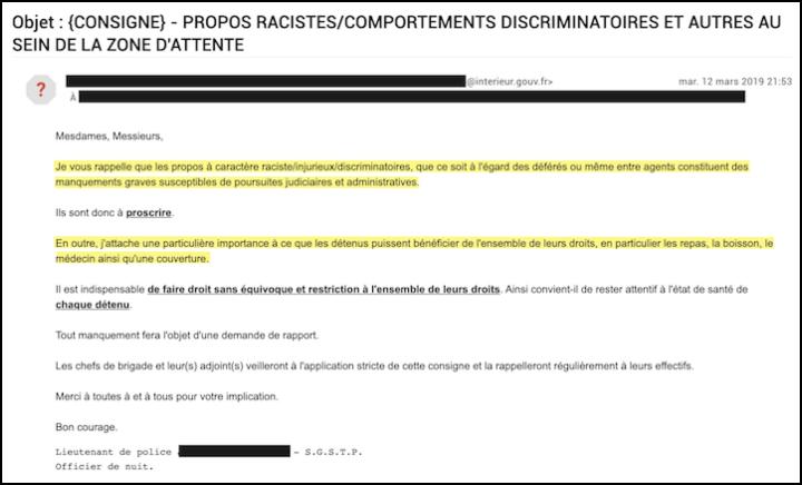 Les gradés étaient au courant des faits dénoncés par Amar Benmohamed. Ici, un mail du 12 mars 2019 pour rappeler aux policiers du dépôt un certain nombre de règles sur le racisme et le droit des déférés
