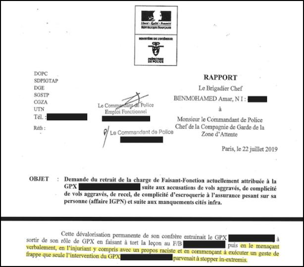 Dans un autre rapport, Amar Benmohamed pointe la tentative de violence et la remarque raciste d'un policier du dépôt envers son collègue.