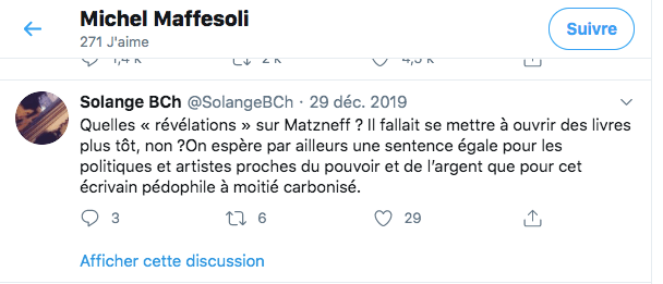 Michel Maffesoli a également liké un tweet d'une journaliste de Valeurs actuelles sur la polémique Matzneff qui critique le lynchage médiatique de 2019.