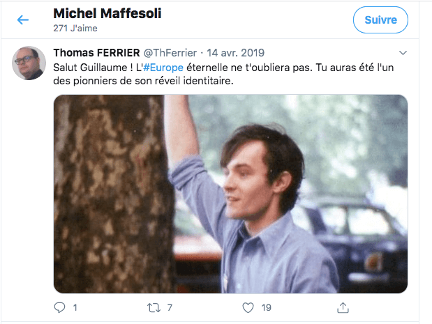 Michel Maffesoli a également liké un tweet d’hommage à Guillaume Faye, un théoricien phare de l’extrême droite mort en 2019.