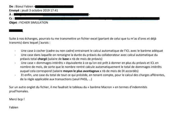 Dans un courriel, le DRH commande un tableur pour calculer le coût d’un procès perdu pour le licenciement abusif de chaque salarié du siège.