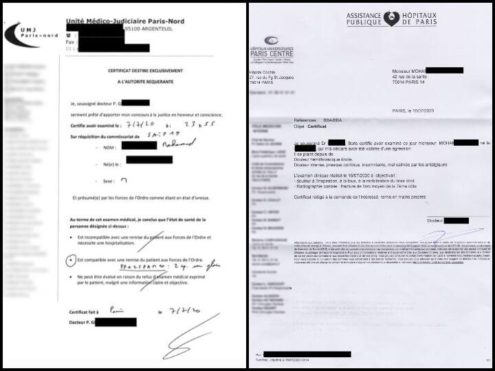 Le 7 juillet au soir, un certificat de l'UMJ assure que Moha est compatible avec une garde à vue et ne mentionne pas de blessures. Le docteur qui signe ne l'a en réalité jamais vu. Le 16, un autre certificat atteste que le trentenaire a une côte cassée.