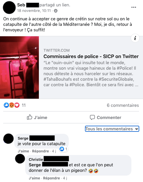Le journaliste Taha Bouhaf cristallise la haine et le racisme de certains policiers. Chaque post qui le concerne sur le groupe est un déchaînement raciste.