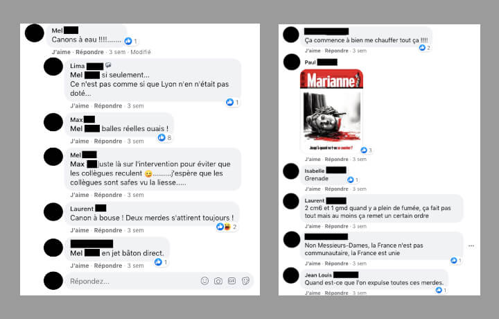 Un post évoque une manifestation de ressortissants de la communauté turque en France. « Feu à volonté » lance un brigadier-chef. Un autre propose de leur lancer une grenade