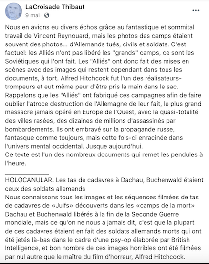 Sous couvert du pseudo Thibault Lacroisade, Rémy Daillet-Wiedemann avait étalé son antisémitisme et son complotisme sur Facebook. Le post a depuis été supprimé.