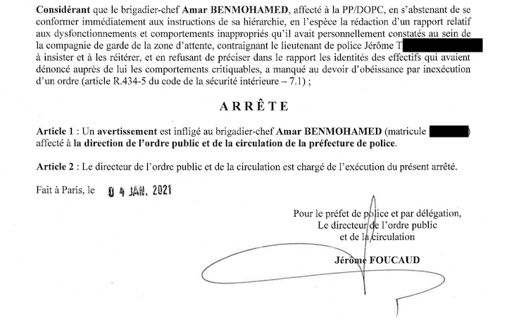 Six mois après avoir révélé les maltraitances au tribunal de Paris, le brigadier-chef Amar Benmohamed est sanctionné par un « avertissement » de sa hiérarchie