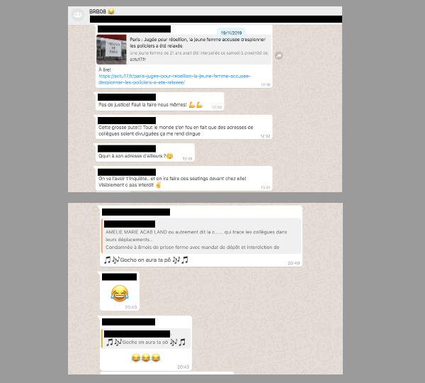 Sur le groupe WhatsApp de policiers de la Bdep du 8e arrondissement de Paris, le ton est identique aux conversations de TN Rabiot. On insulte Amélie H. et on veut son adresse pour se faire justice.