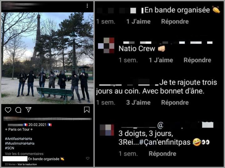 La bande des natios rennais à Paris pour la manif de Génération identitaire. La notion de « trois doigts » fait référence au « salut de Kühnen » – une variante à trois doigts du salut nazi. Et le « 3Rei » fait référence au Troisième Reich