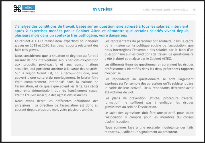 L'expertise d'Alteo estime que les salariés d'Aides vivent depuis plusieurs mois dans un « contexte très pathogène, voire dangereux » et dénote des « faits très graves ».