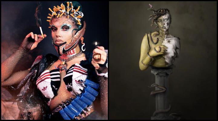 À gauche, Mademoiselle Kiss lors du thème « Apocalypse ». À droite, la Canadienne et gagnante de l'édition Bleu, lors du thème « Split Face ».