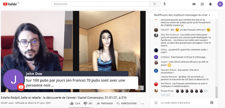 Le suprémaciste blanc exilé en Roumanie Daniel Conversano a été un des premiers à l'inviter. Un grand succès d’audience. Mais dans les commentaires, les commentaires dégoulinent de haine envers Estelle RedPill et son style
