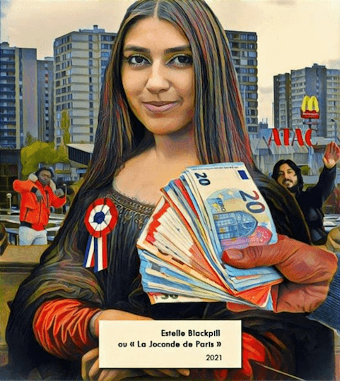 Sur le groupe Facebook très sexiste « Neurchi de femmes blanches », Estelle RedPill est grimée en Joconde. En arrière-plan, le rappeur Darkill Bill et Daniel Conversano qui fait le salut nazi.