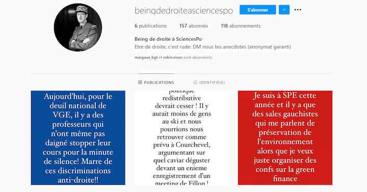 En décembre 2020, le compte Being de droite à Sciences Po est créé. Il reprend le format de Being Black at Sciences Po pour le tourner au ridicule