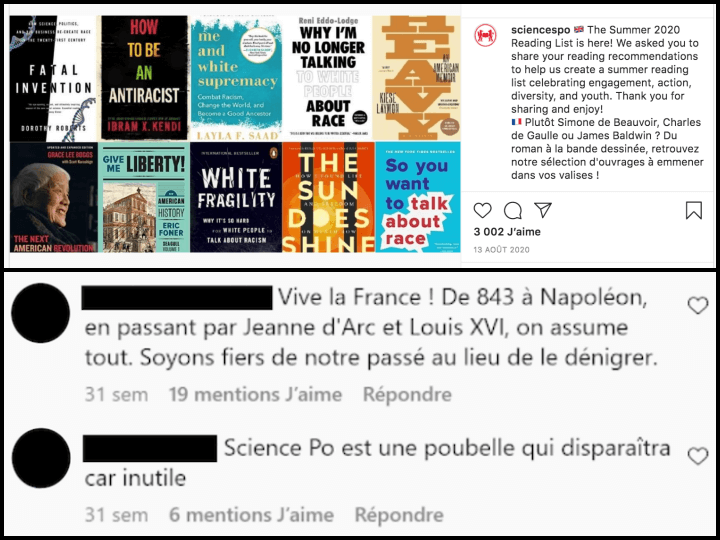 En août 2020, Sciences Po Paris recommande sur son compte Instagram la lecture de livres qui traitent des questions antiracistes. En commentaires, des centaines d'internautes postent des messages haineux