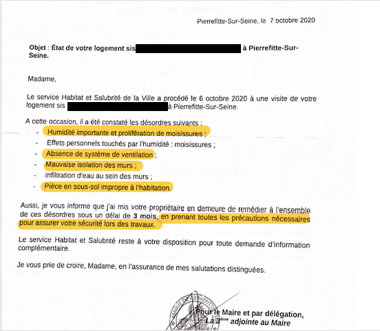 Juste après le rapport des services de la ville, la troisième adjointe informe la famille qu’elle a mis le propriétaire de l’appartement « en demeure de remédier à l’ensemble de ces désordres sous un délai de trois mois, en prenant toutes les précautions nécessaires pour assurer votre sécurité lors des travaux »
